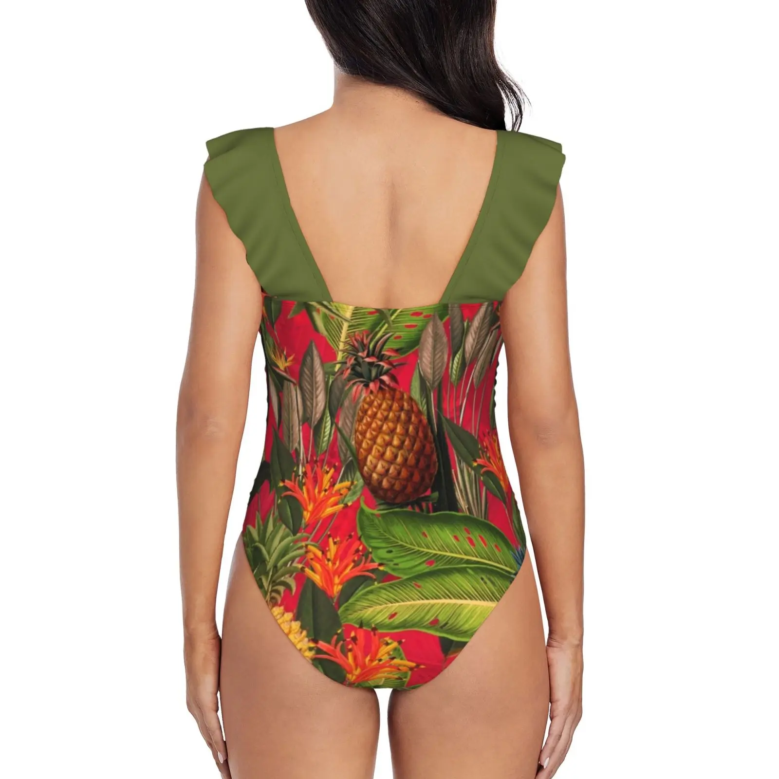 Vintage Tropical Fruit Pineapple Jungle Pink Ruffled One-Piece Swimsuit Women Sexy Monokini Swimwear New Beach Bathing Suits