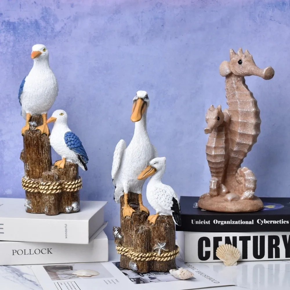 Estatuilla de gaviota de resina de estilo mediterráneo, adorno de caballito de mar pelícano hecho a mano con tema de playa, estatua de pájaro de mar pequeño impermeable