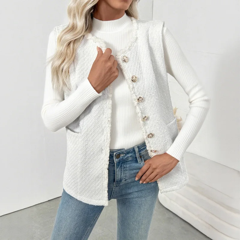 

Women Vests Elegant Sleeveless Slingle Breasted Top Vest Round Neck Casual Office Lady Solid Spliced Coat Pockets Autumn