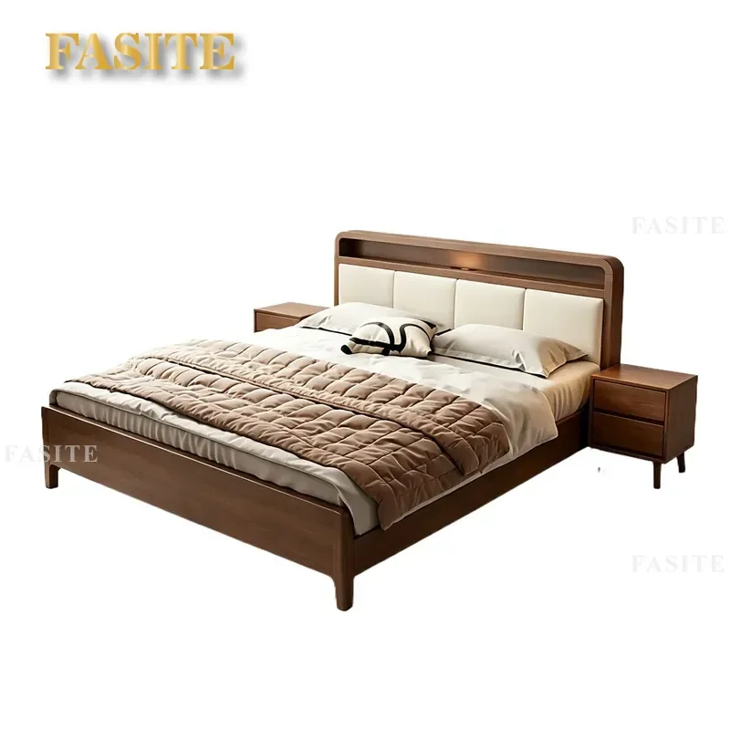 For Thickened Pine Solid Wood Bed Frame Silent Slatted Base Warm Walnut Color Wear Resistant Durable Soft Upholstered Home