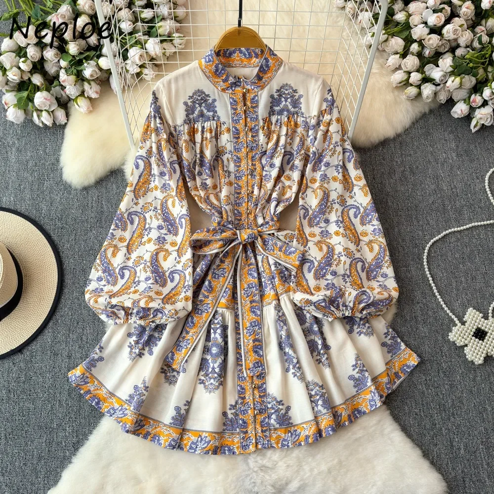 Neploe Sweet Stand Collar Lantern Sleeve Print Mujer Lace Up Panelled Casual Elegant Dress Big Swing High Waist New Moda Robe