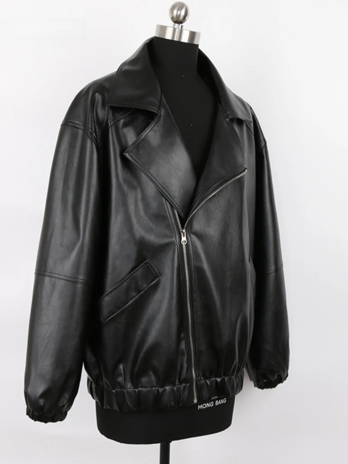 

Nerazzurri Oversize PU Leather Jacket Black Casual Style Spring Autumn New Arrival Women's Coat Commute Style Pocket Detail