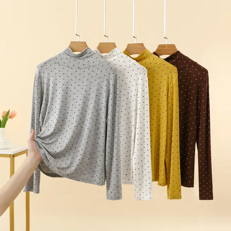 Autumn Pajamas Fashionable Polka Dot High Neck Long Sleeved T-Shirt Versatile Inner Top Slim Fit and Slimming Sleepwear Homewear
