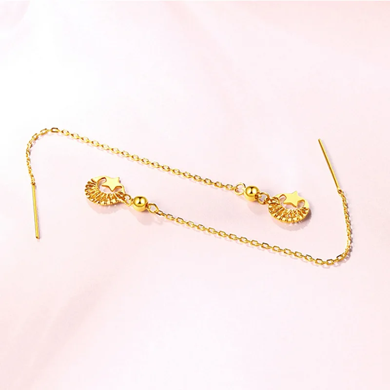 High-quality AU750 gold  transfer gold beads long ear wire 999 temperament simple long earrings earrings gift womens