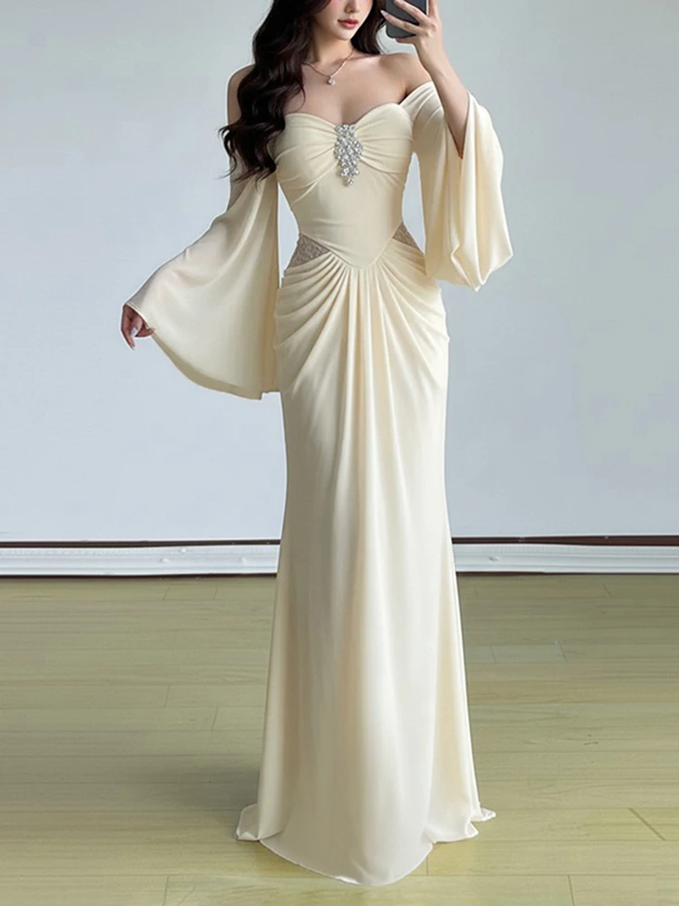 2026 Sexy Rückenfreies Drapiertes Partykleid Elegantes Trägerloses Abendkleid mit Ausgestellten Ärmeln Damen Mode Hochgeschnittenes Einfarbiges Langes Kleid