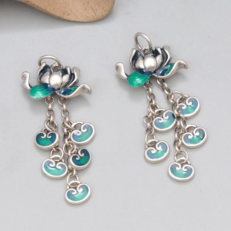 Ethnic 925 Sterling Silver Enamle Lotus Flower Tassel Ruyi Pendant Jewelry Vintage Green DIY Handmade Beads Material DZ003
