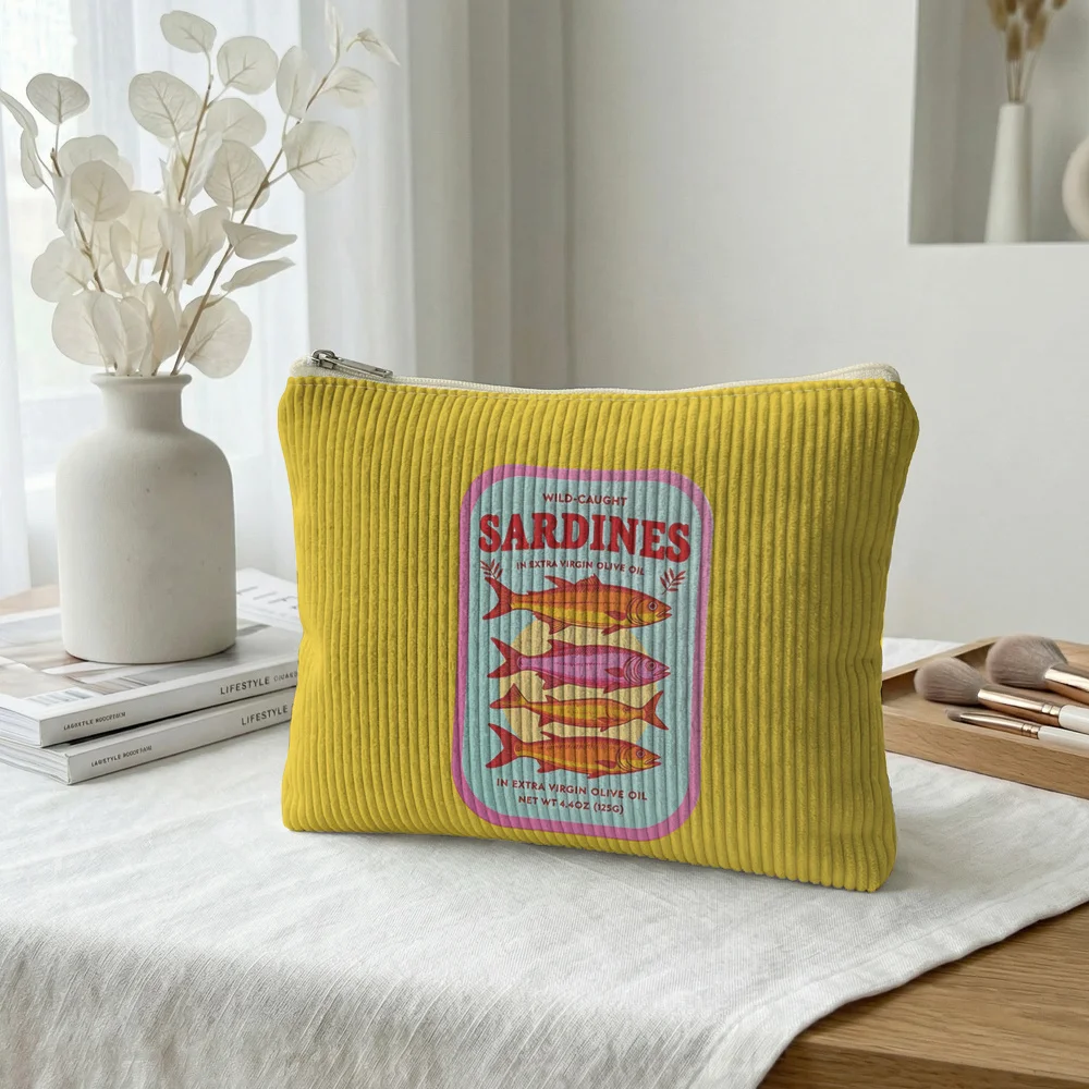 Corduroy Cosmetic Bag Retro Colorful Sardine Fish Tin Label Art Print Zipper Pouch Portable Travel Makeup Storage Organizer