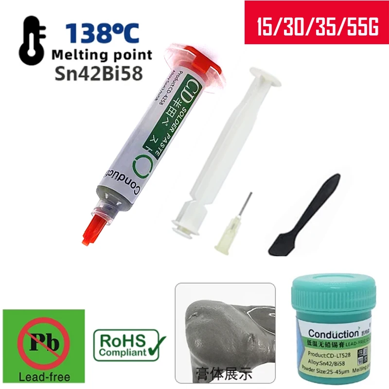 15-55g Sn42/Bi58 Lead Free Solder Paste 138℃ Melting Point Low Temperature No Clean for SMD IC Phone PCB TV BGA Welding Tools