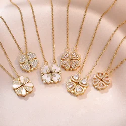 Heart Shaped Four Leaf Clover Pendant Necklace Silver Gold Jewelry Zircon Women Love Clavicle Chain Gifts Openable ChokerJewelry
