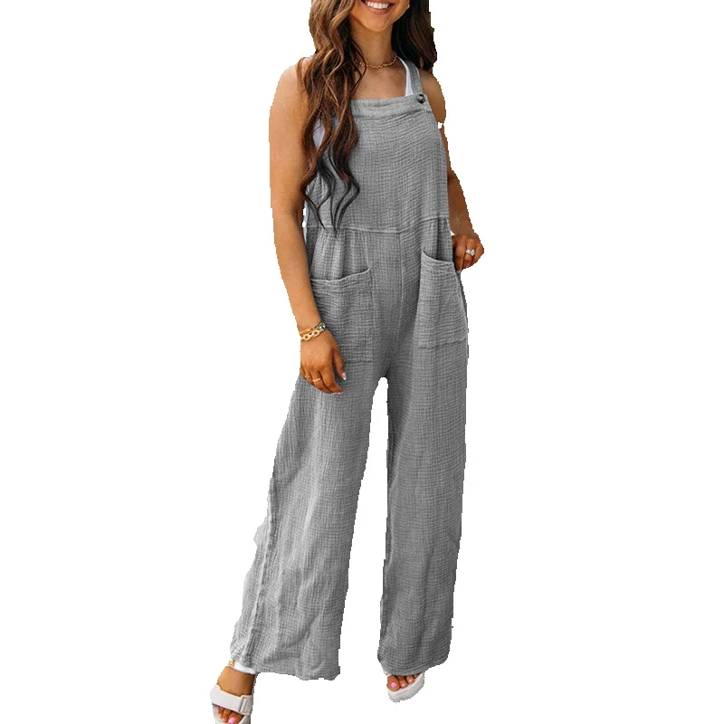 

Summer New Nine Split Wide Leg Pants Women's Casual Style Pocket Solid High Waist Jumpsuit