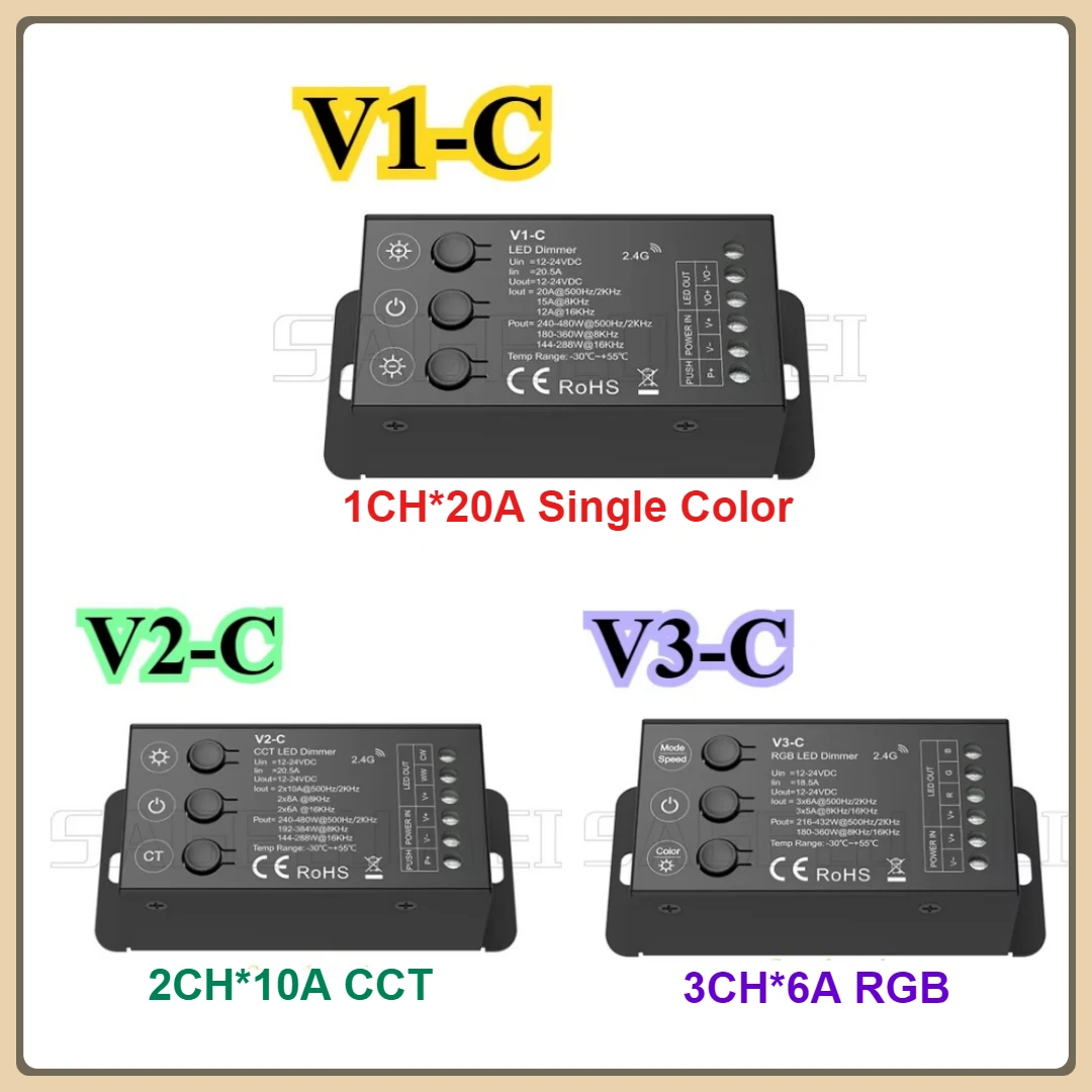Skydance 12-24VDC V1/2/3-C LED Controller RF2.4G 3Buttons PWM Constant Voltage Dimmer for SMD2835 3528 5050 Single Color/CCT/RGB