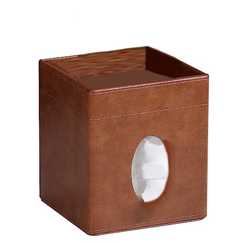 1 Piece Tissue Box Cover PU Leather Tissue Box Holder For Bathroom Office Desk (Brown)