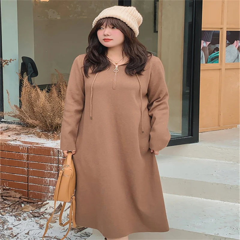 New Oversized Women's v-Neck Zippered Hooded Dress Loose Knee Length Knitted Dress For Women C111