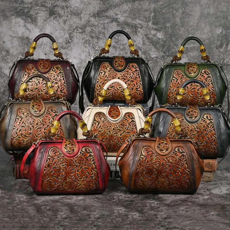 Johnature Luxury Handbag 2024 Autumn New Vintage Handmade Leather Carved Women Bag Versatile Female Shoulder & Crossbody Bags