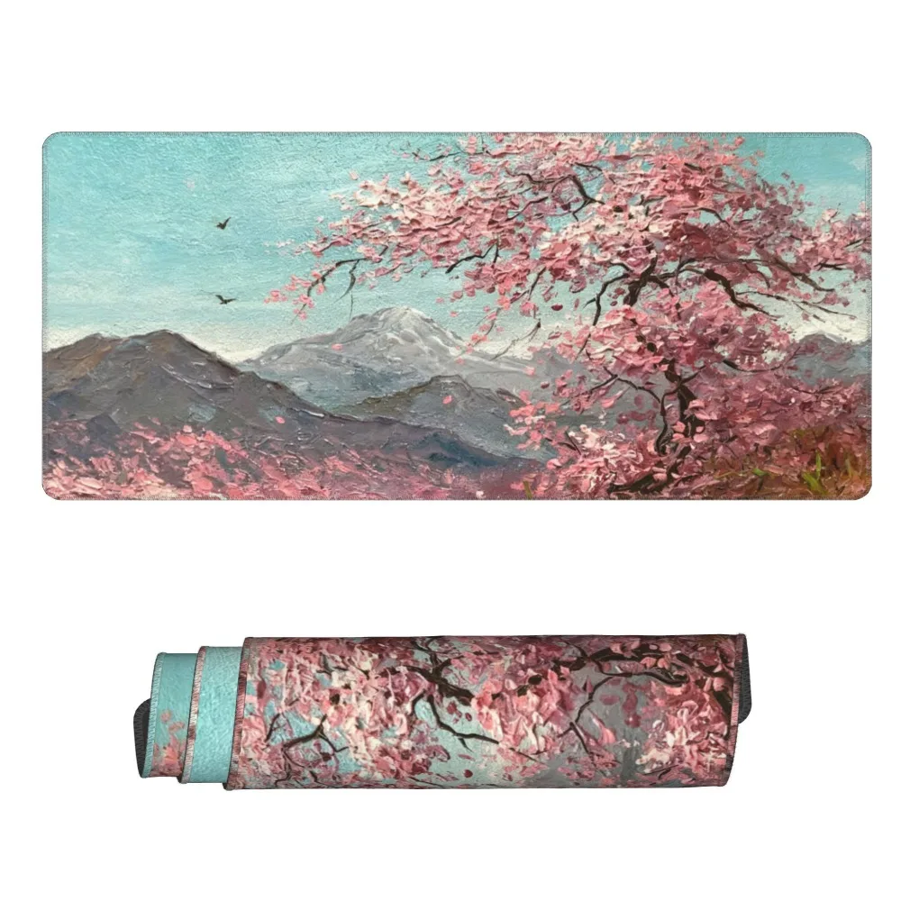 Minimalist Sakura Tree Desk Mat, Extra Large Nature Mountain Mouse Pad, Non-Slip Waterproof Keyboard Mat for Desk Decor