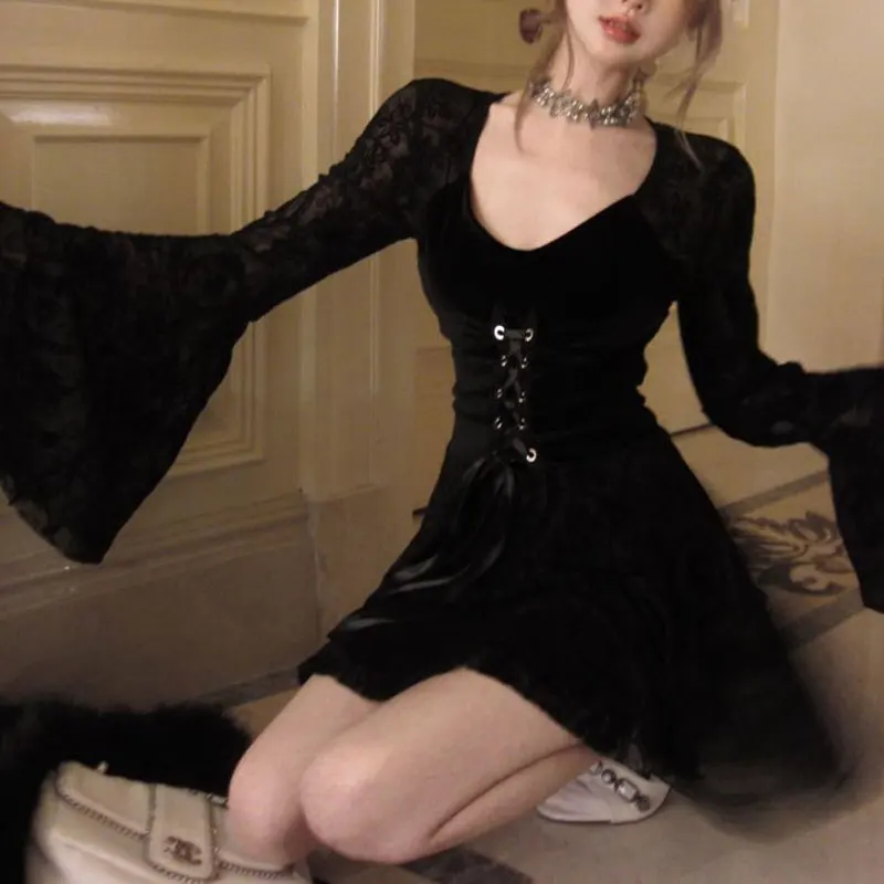 

French Style V-Neck Fashionable Drawstring Dresses Spring Autumn Lace Aura Female Clothing Flare Sleeve Waist Elegant Mini Dress