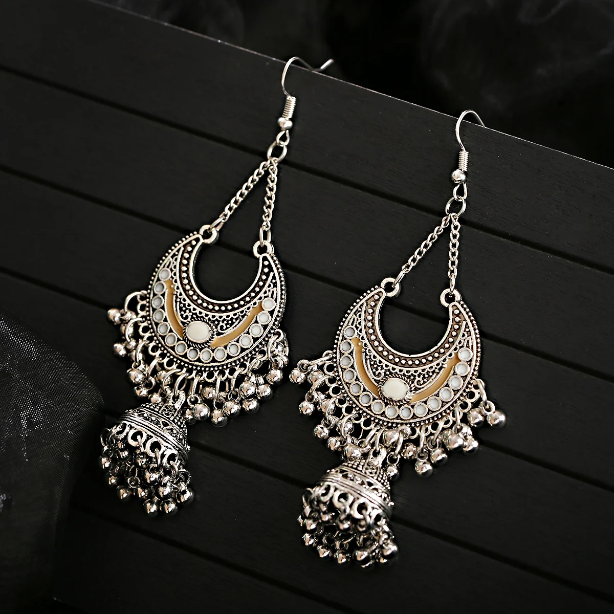 Ethnic Silver Color Indian Jhumka Gypsy Jewelry Boho Geometric Lantern Tassel Oxidized Earrings Women\'s Afghan Hanging Earrings