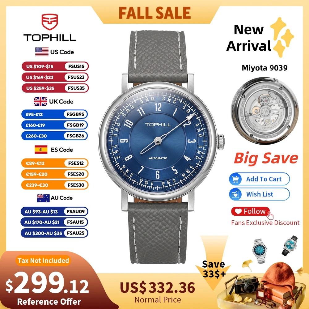 TOPHILL+ Watches Automatic 40mm Miyota 9039 One-Hand Watch For Men Mechanical Business Single Pointer Arabic Numerals KIM002G