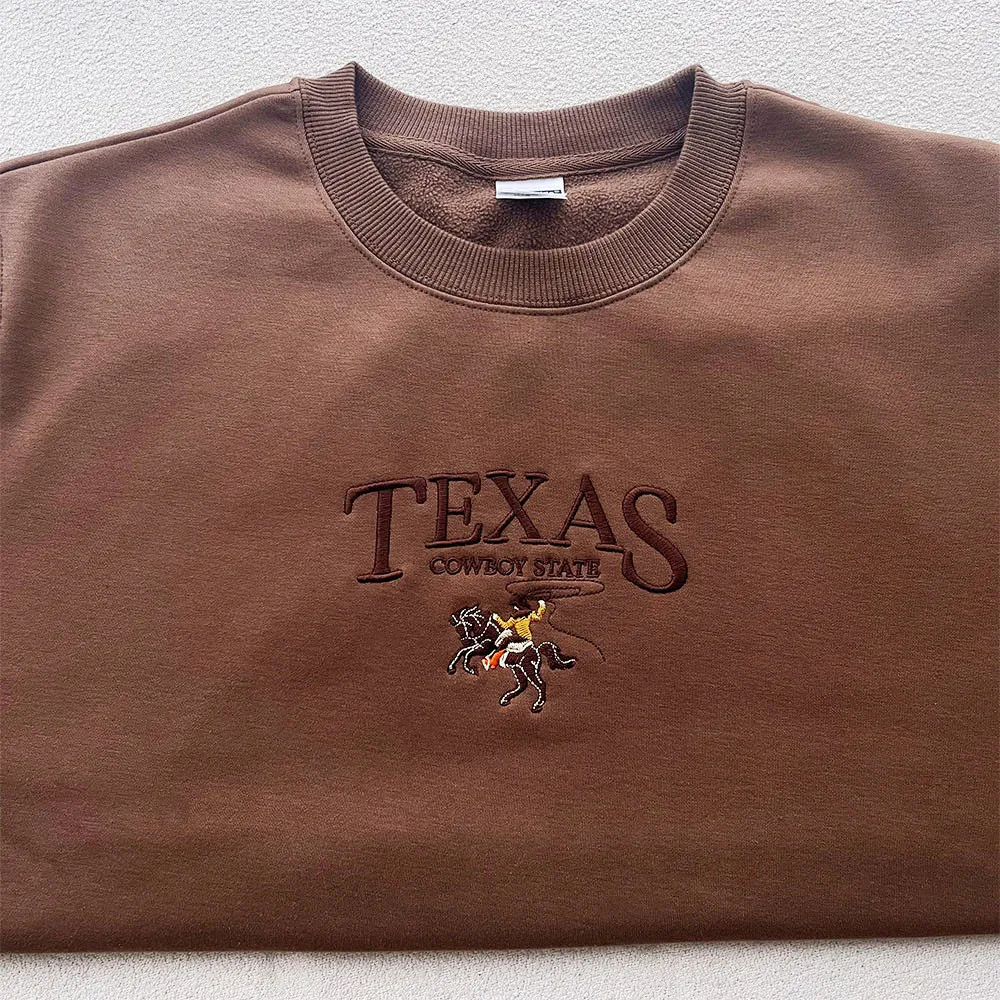 Texas Cowboy State Embroidered Vintage Pullovers 2023 Autumn Long Sleeve Thick Warm Fleece Women Sweatshirts Crewneck Jumpers