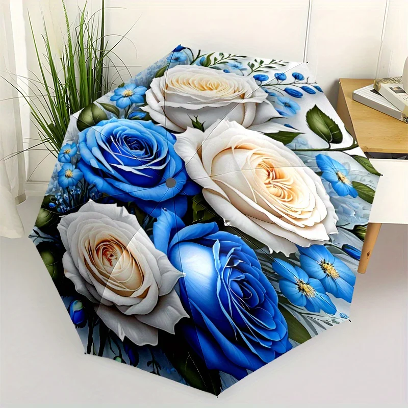 

Автоматический зонт с защитным козырьком и узором из синих роз и белых цветов, прочная конструкция с 8 спицами - Элегантный зонт с цветочным дизайном