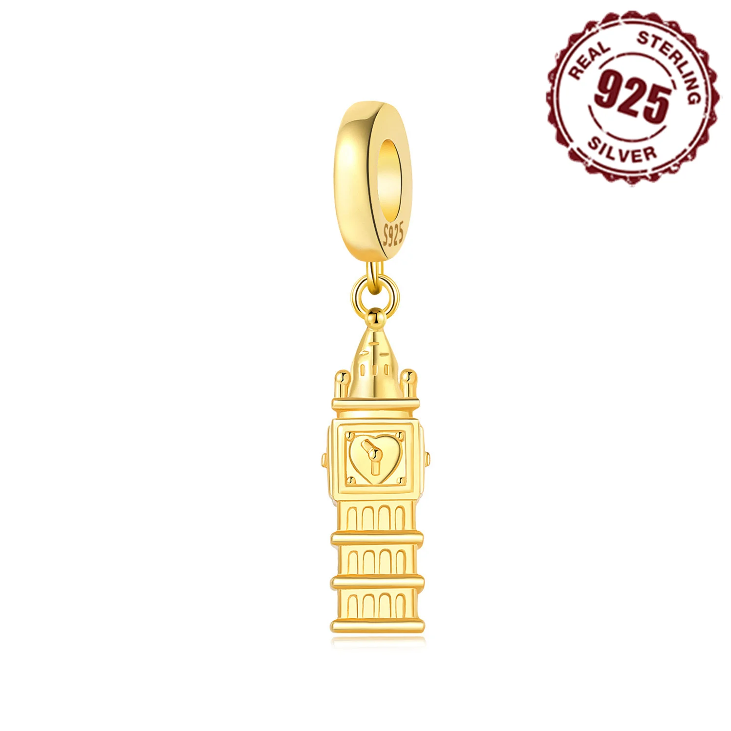 925 Sterling Silver Golden Colour London Big Ben Pendants Bracelet Charms Fit Women Jewelry Party Beads DIY Fine Gift Accessory