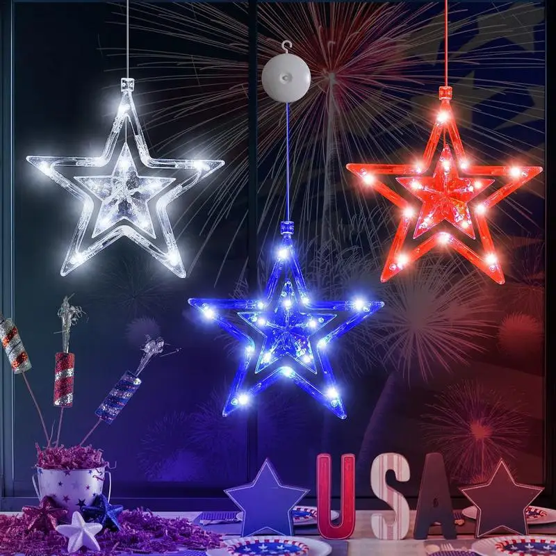 Fourth Of July Lights LED Party Lights Window Lights Battery Operated Ambient Lighting For Memorial Day Star Lights With Suction