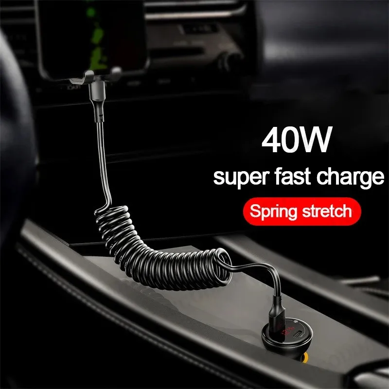 40W 5A Fast Charging Type C Cable 3A Micro USB Spring Pull Telescopic Car USB Cable For Samsung Xiaomi huawei Phone Accessories