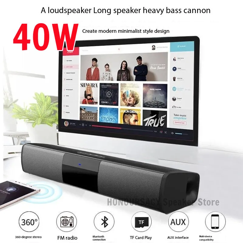 40W TV Soundbar Wired and Wireless Bluetooth Speaker Home Cinema Sound System Stereo Surround with FM Radio Music Center Boombox
