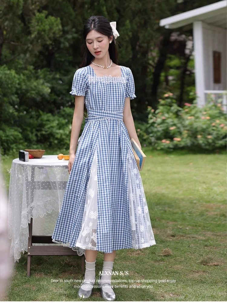 

ALXNAN Women's Blue Plaid Dress Long Elegant Lace Patchwork A-Line Dresses 2025 Summer Holiday Short Sleeve Clothing DYL661827