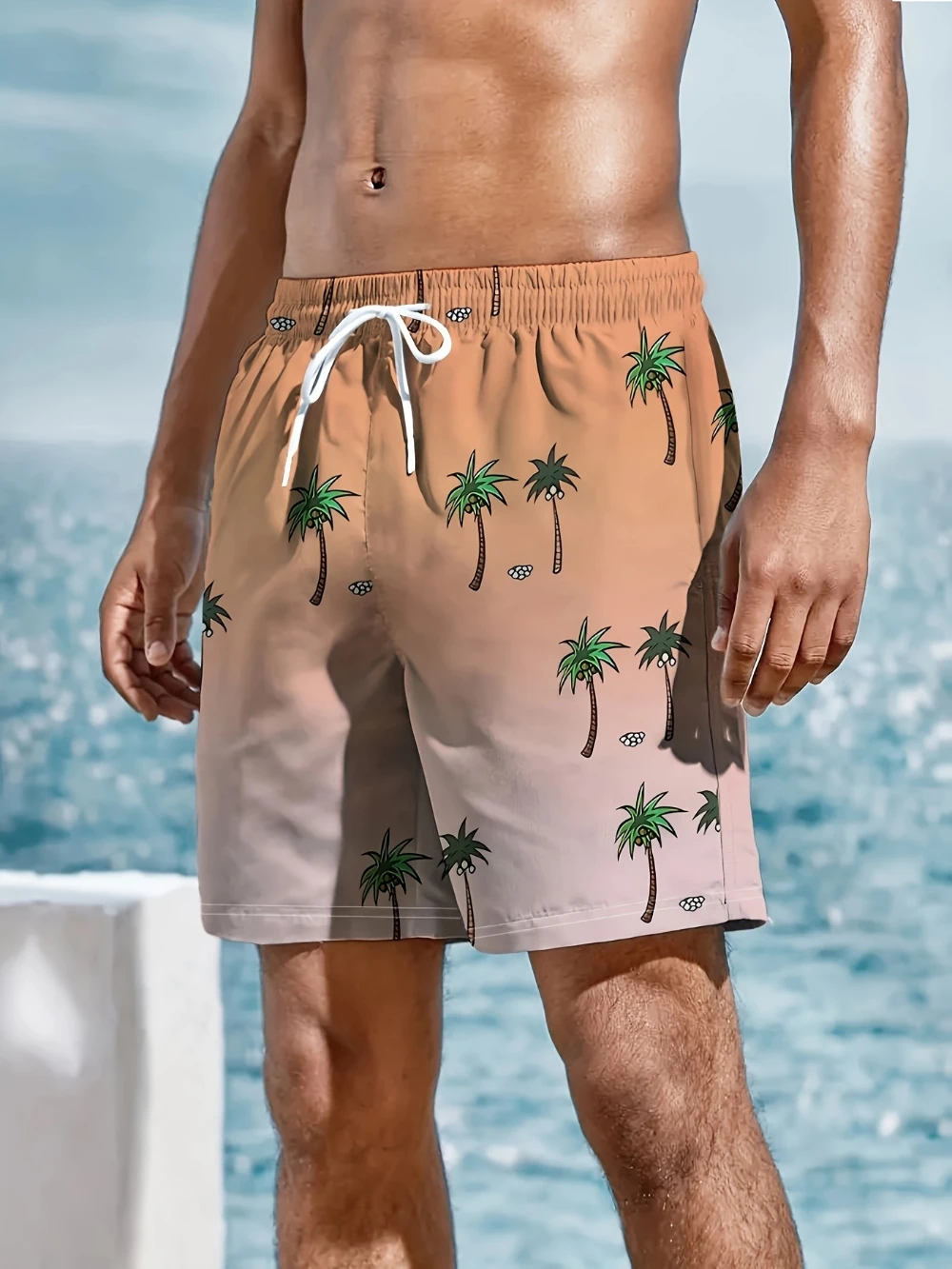 Calções de praia masculinos com estampa digital 3D de palmeira tropical calções casuais de verão com bolsos para férias e atividades ao ar livre