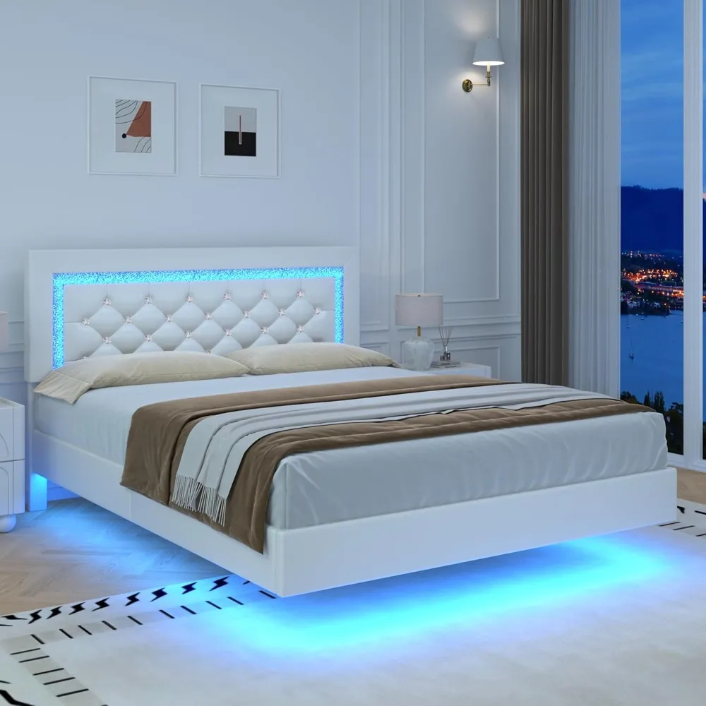 

Floating Bed Frame Full with LED Lights, Upholstered Platform Bed with Diamond Tufted Headboard, No Box Spring Needed,
