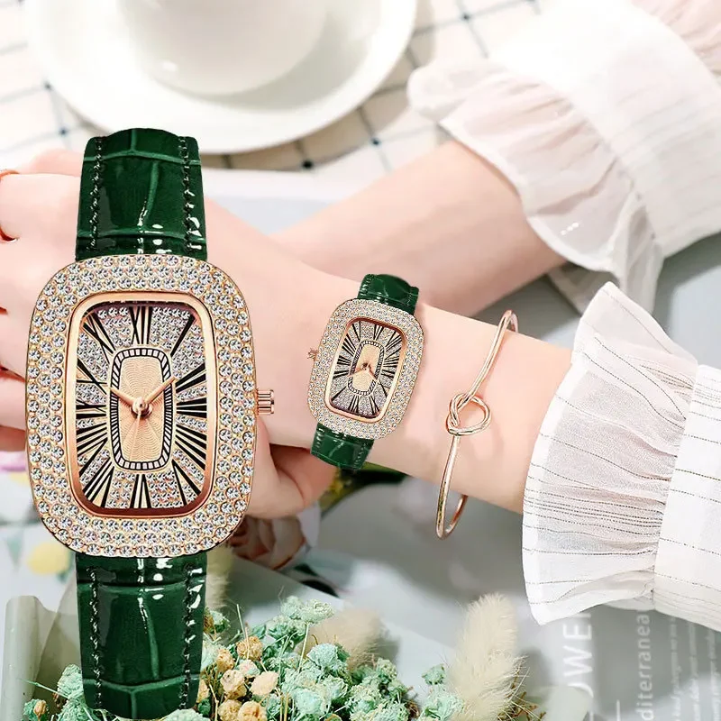 women's leather strap watch with diamond inlay, water diamond wine barrel, women's quartz watch