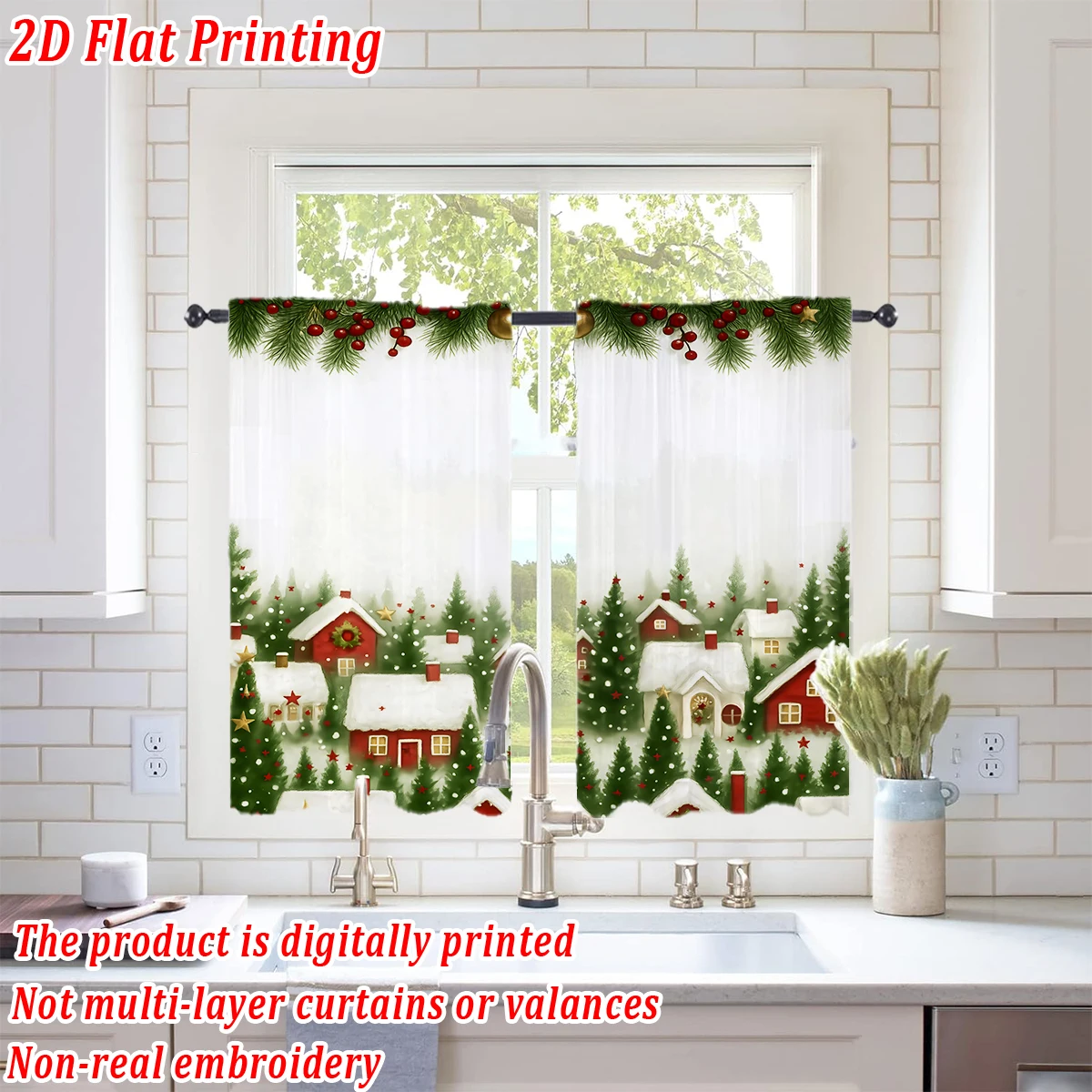 Christmas Flat Printing Kitchen Sheer Curtain with Merry Christmas Trees House Snowflake For Christmas Home Decor  Party
