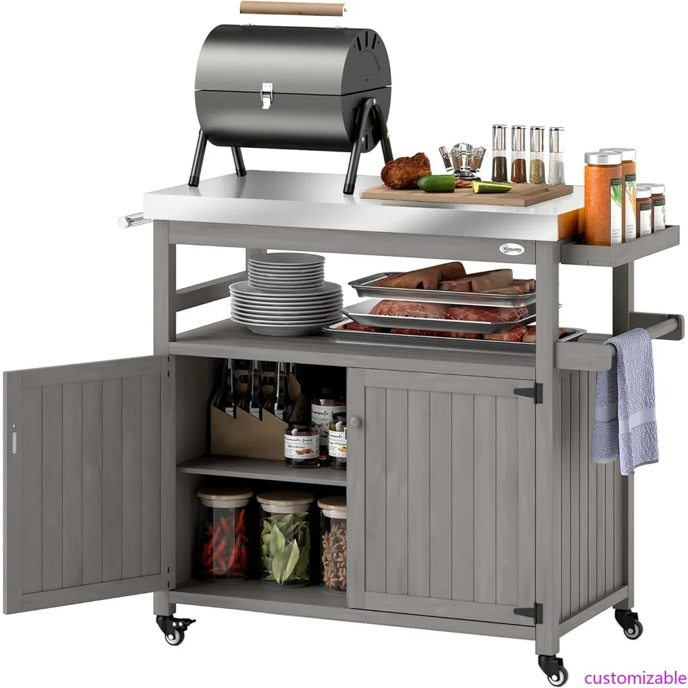 

Портативный уличный кухонный остров со столешницей из нержавеющей стали, тележка для гриля из массива дерева на колесах, мобильная барная станция
