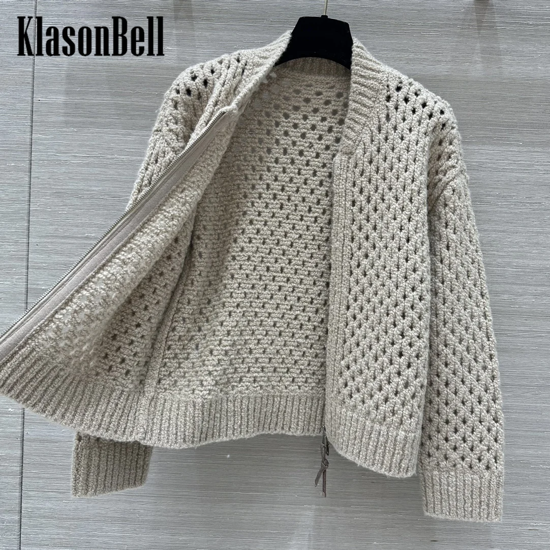 9.8 KlasonBell Women Elegant Bead Chain Crochet Hollow Out Zipper Cardigan Soft Comfortable Wool Knit Long Sleeve Casual Coat