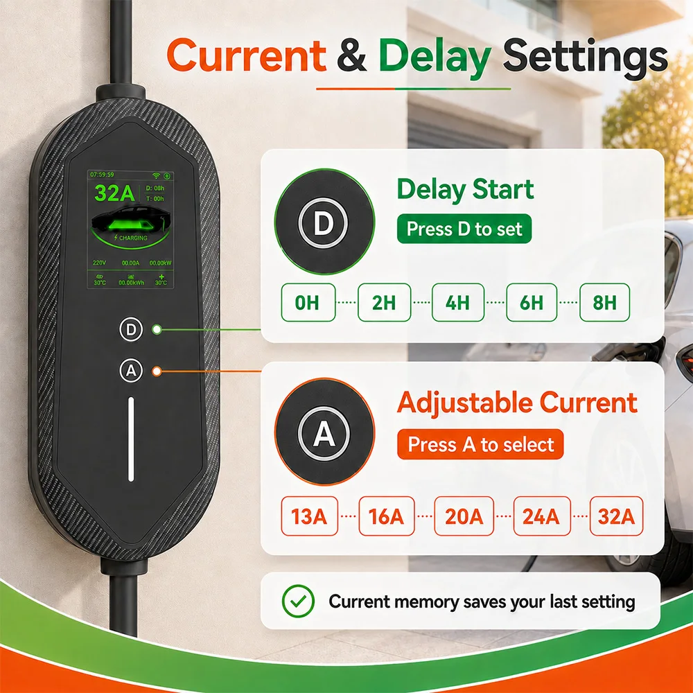 IPENGEN 7KW Type1 EV Charger Portable 5M Cable 1Phase 32A SAE J1772 Adjustable Current CEE Plug EVSE Charging With APP Control