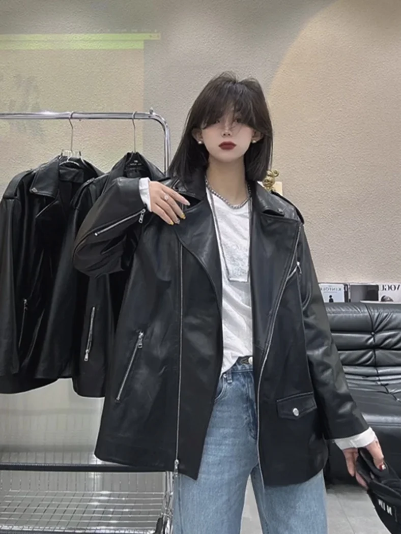 Lose Damen Eepskin Leder Jaet Mittellanger Bikermantel Frühling Herbst Neu Sle Faionable Long Sve Reißverschluss