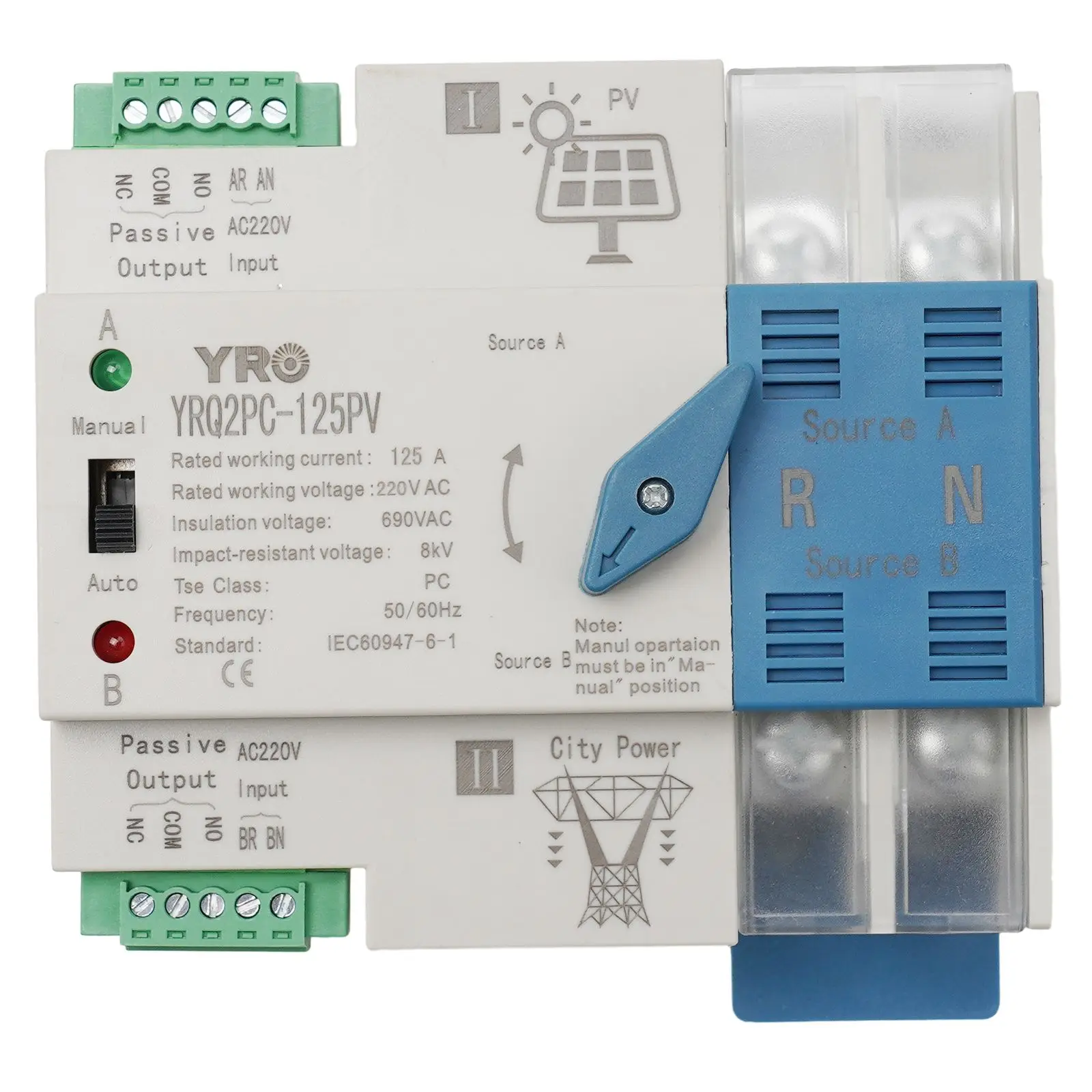 Transfer Switch Dual Power Automatic Transfer Switch for Solar and PV Systems 2P 125A Generator Changeover Switch