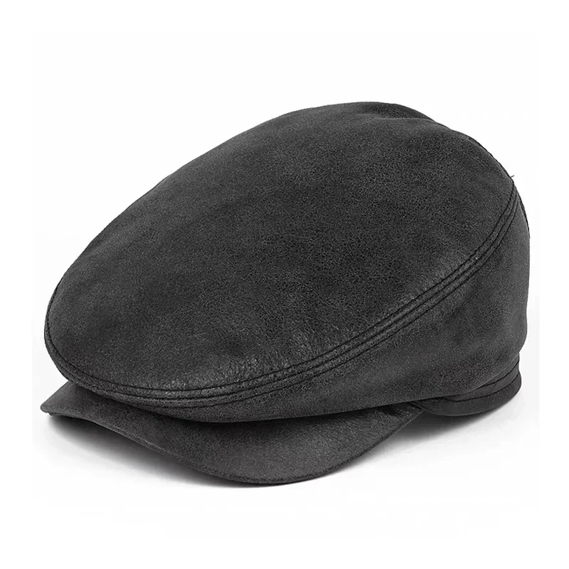 Retro Man Real Leather Sheepskin Boina Thin Berets Hats For Men/Women Leisure Black/Brown Suede Print Fitted Forward Hat