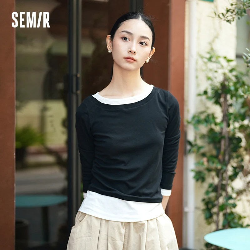 

Semir Long Sleeve T-Shirts Women Asymmetrical Two-In-One Colorblock Fitted Woman Clothes Bts Tops