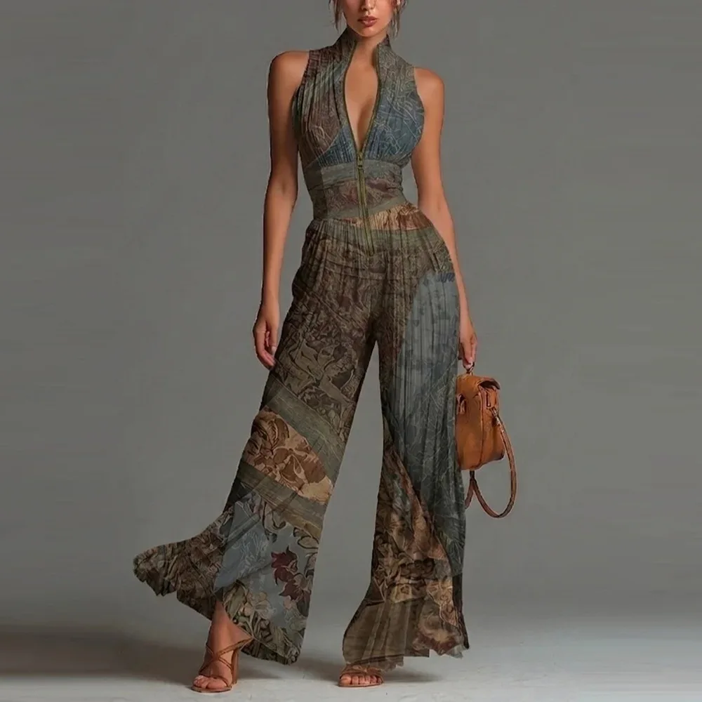 Elegantes Neckholder-Kleid mit Schulterausschnitt und Blumenmuster aus Chiffon, Langes Vintage Boho Ärmelloses Sommer-Strandkleid