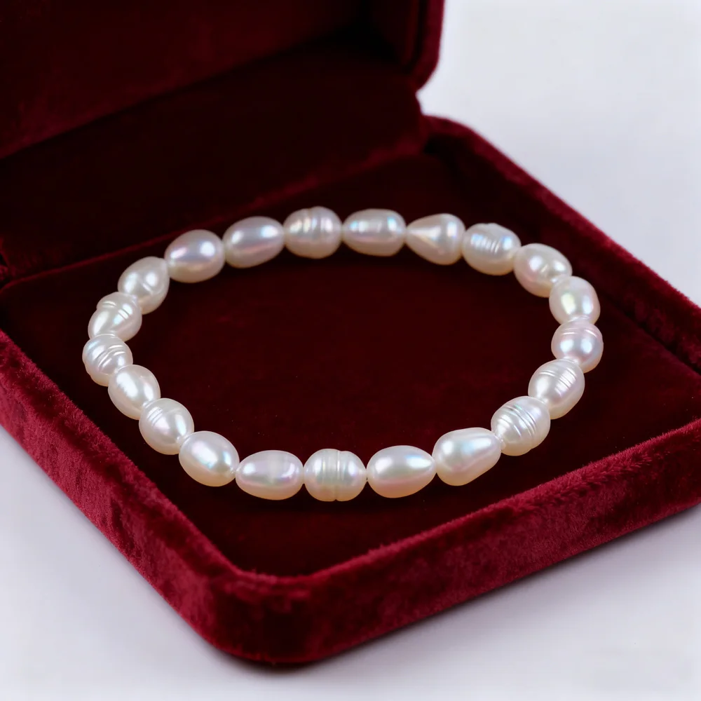 HENGSHENG 7-8mm Rice Shape Freshwater Pearl Charm Bracelets 17cm Elastic Rope Pearl Bracelet for Women Jewelry Gift