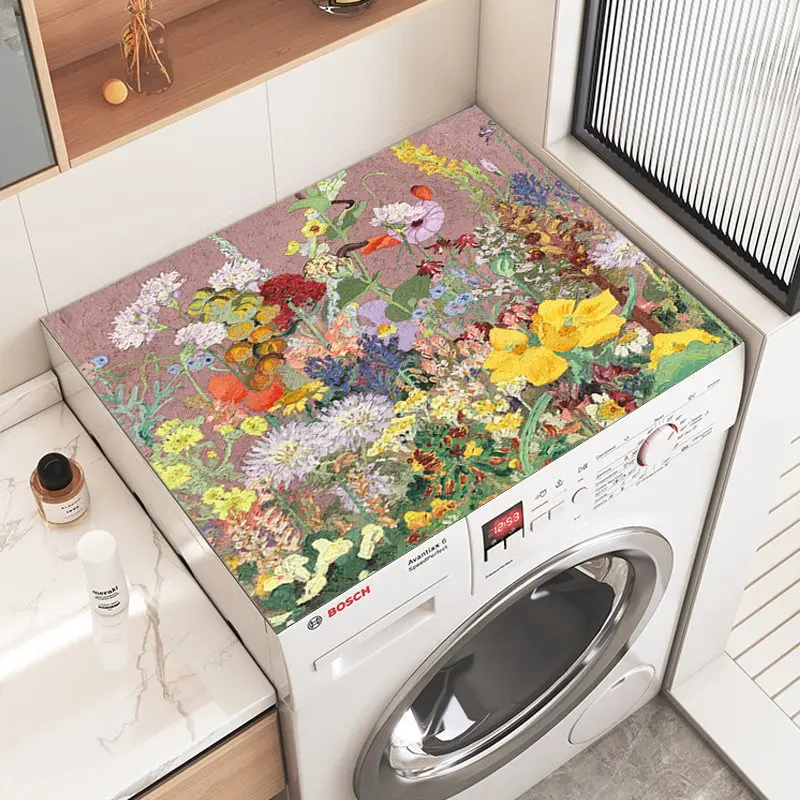 VIKAMA Monet Garden Oil Painting Washing Machine Cover Mat Colorful Floral Print Waterproof Anti Dust Dryer Surface Pad