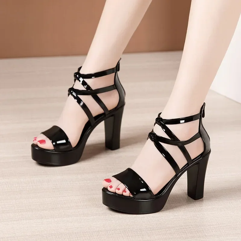 10cm Small Size 32-43 Block High Heels Shoes Summer Gladiator Sandals 2024 Bright Leather Sandals Platform Office Party Model