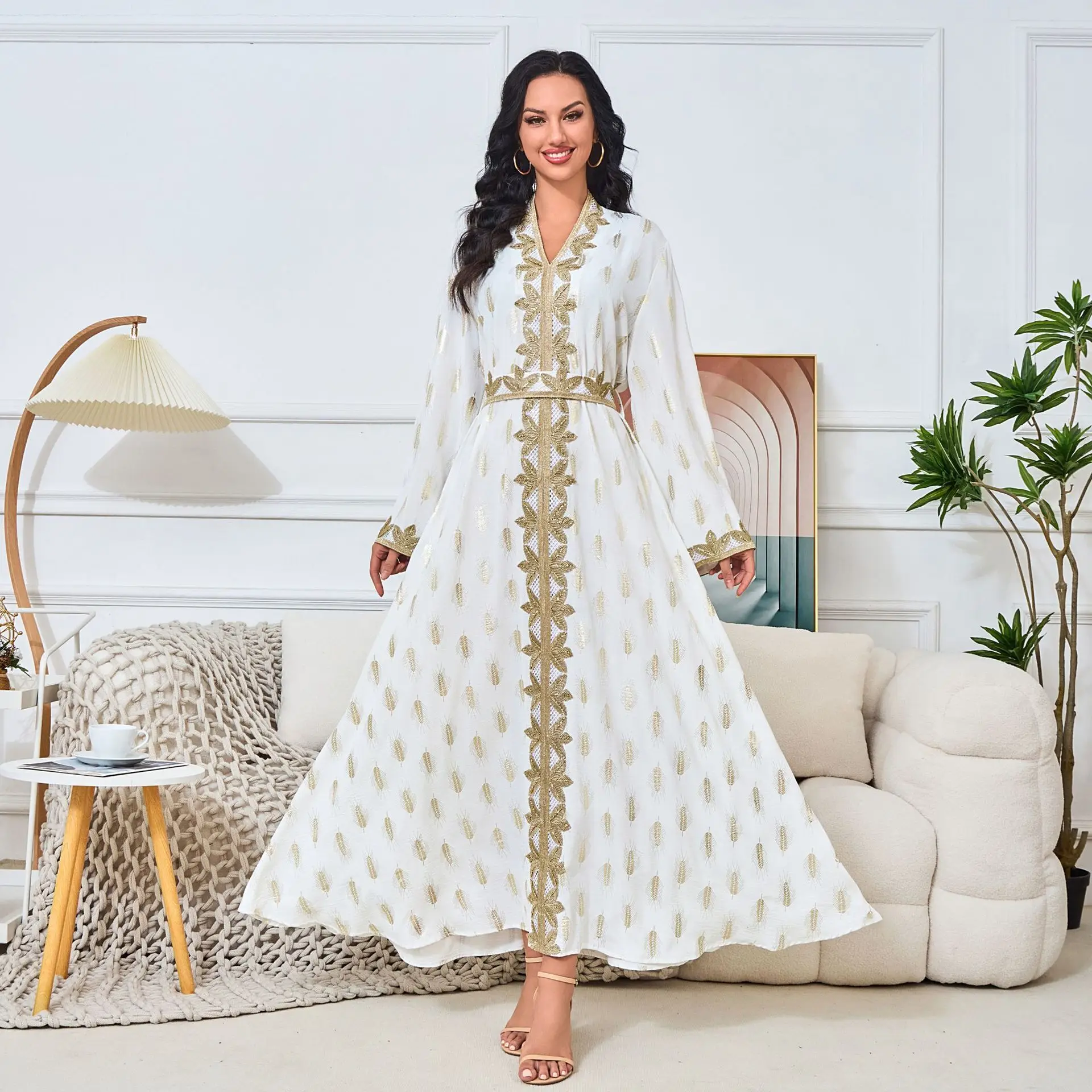 Robe musulmane blanche estampillée à chaud, robe de soirée, mode