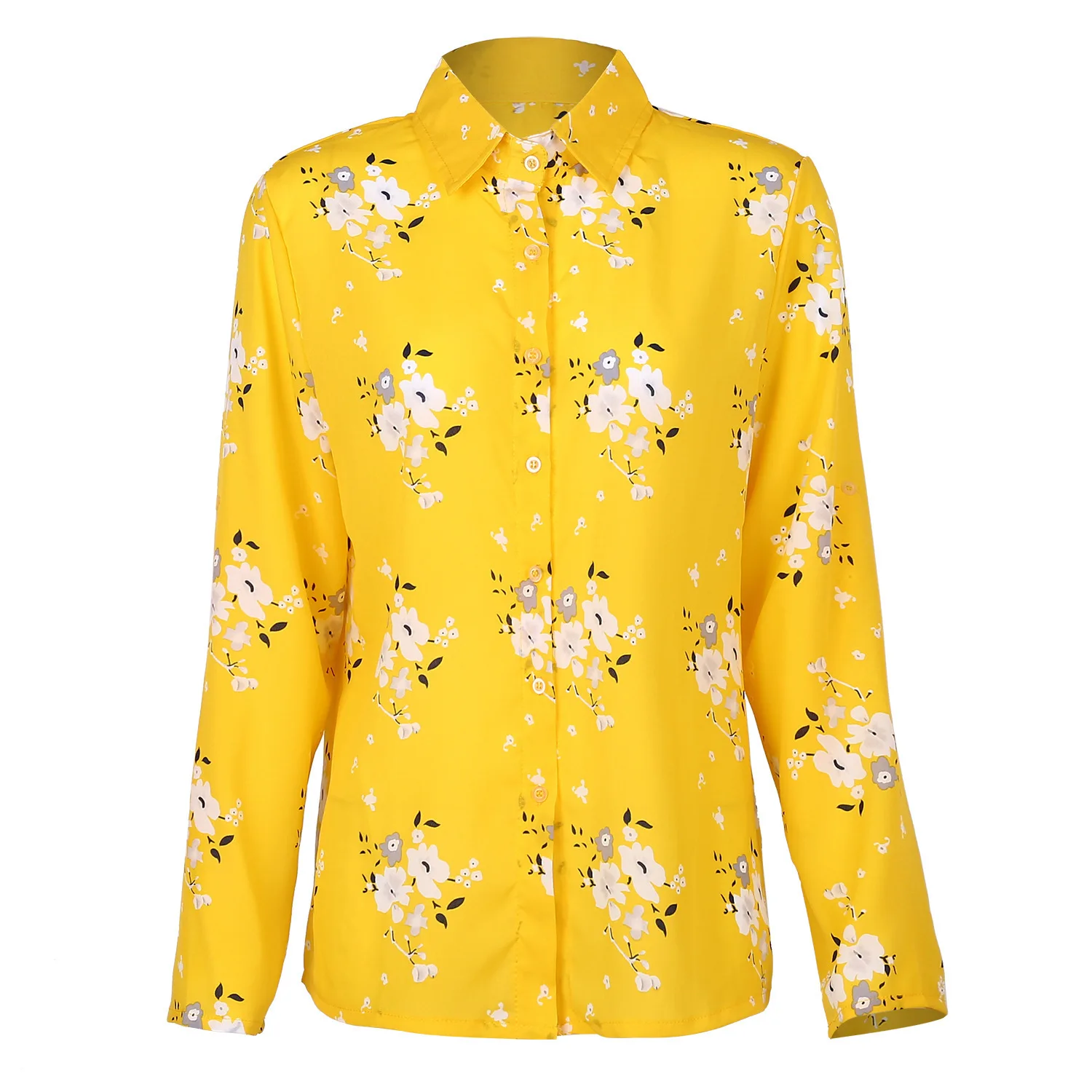 Women Yellow Floral Print Button Shirt Casual Long Sleeve Lapel Collar Leopard Print Beach Holiday Blue White Blouse Fall Tops