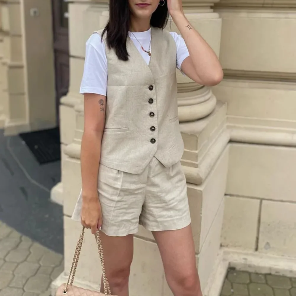 TRAF Women Elegant Solid Waistcoat Shorts Set 2024 Sleeveless Vest Top+High Waist Slim Shorts Lady Office Casual 2 Pieces Set