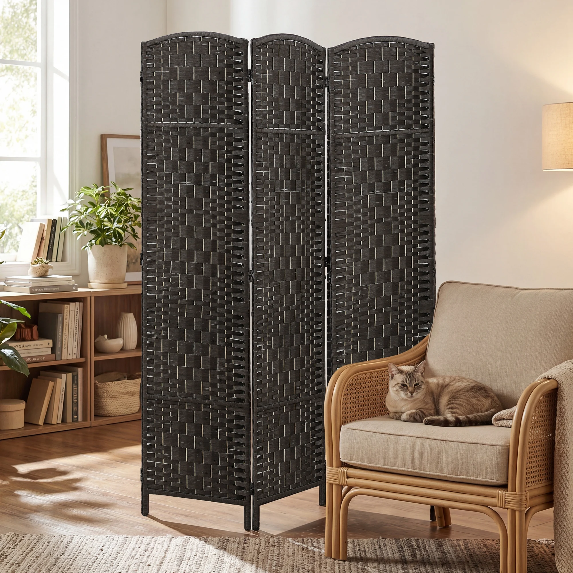 HOMCOM Room Divider 3 Panel, 6FT Tall Folding Privacy Screen, Freestanding Hand-Woven Partition for Room Separation with 360° Hinges, Paper Rope Diamond Weave, Coffee