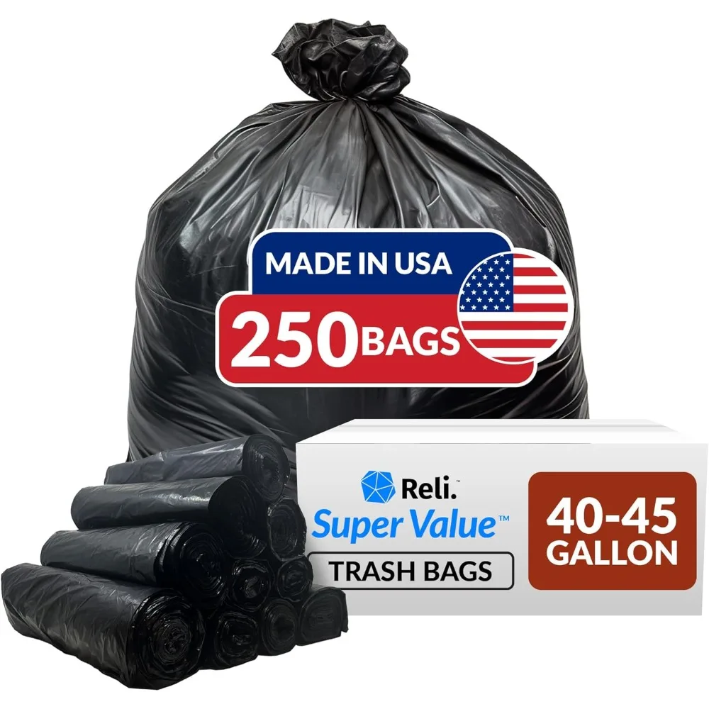 

40-45 Gallon Trash Bags Heavy Duty | 250 Bags | Large Black Garbage Bags