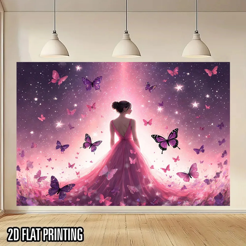 Pink Butterfly Woman Wall Art 2D Flat Printing Dreamy Galaxy Background Decorative Home Interior Design Fantasy Art Print Room
